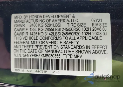 2021 Honda Passport Awd Ex-L z USA, uszkodzony, nr VIN 5FNYF8H5XMB030355